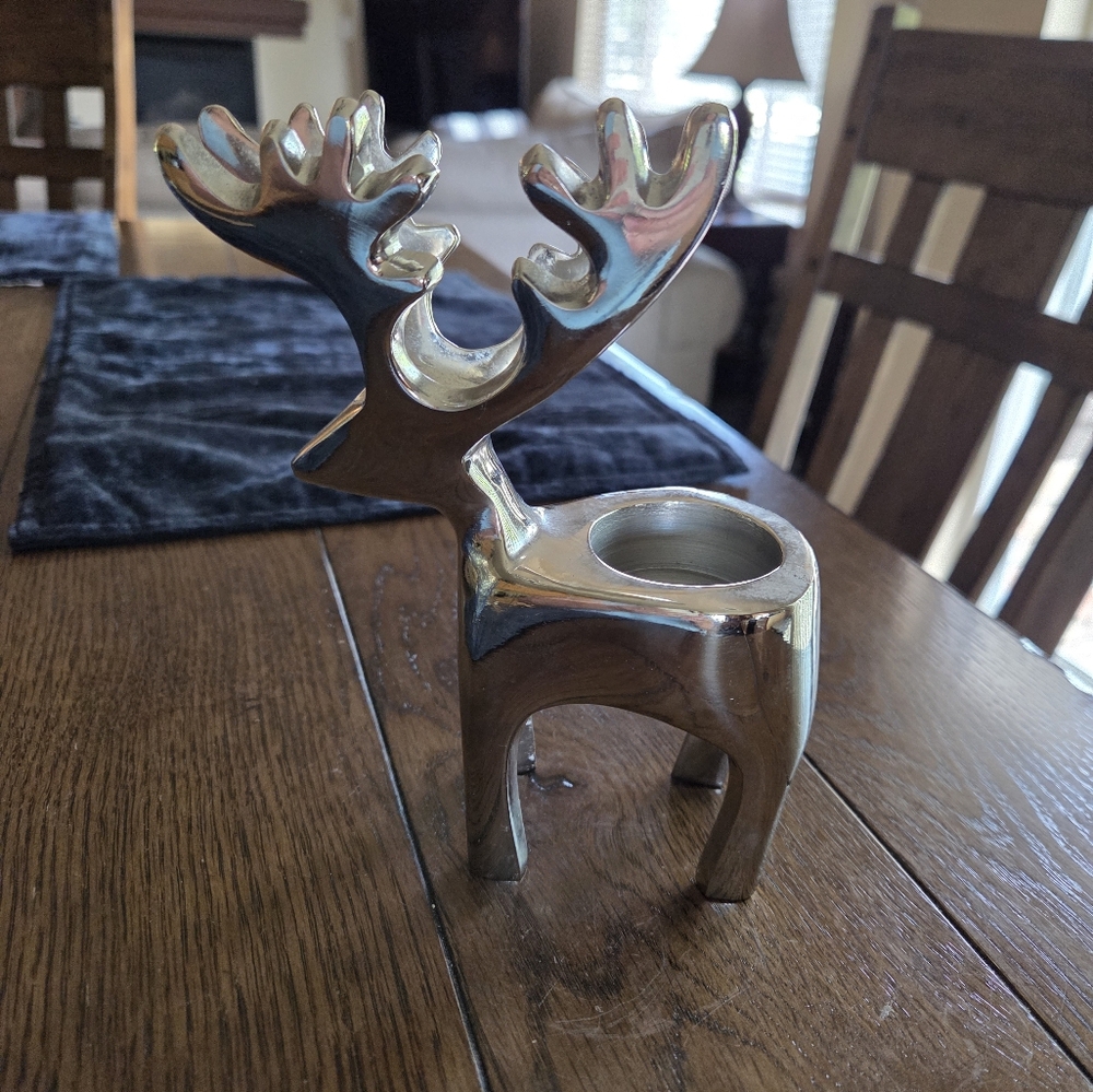Crate & Barrel Contemporary Silver Reindeer Votive Candke Holder